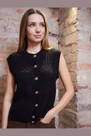 Threadbare Black Button Up Pointelle Knit Vest AU 10