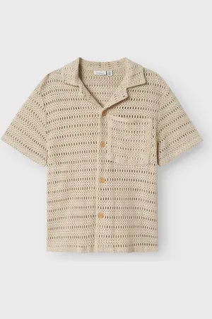 NAME IT Revere Collar Button Down Crochet 100% Organic Cotton Shirt 146152cm