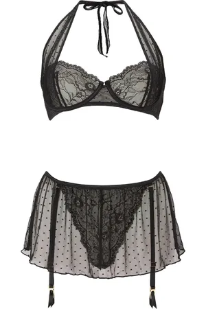 Ann Summers Black Tease Me Spot Mesh Halterneck Crotchless Set L