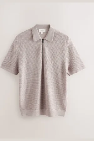 Next Regular Fit Signature 100% Merino Textured Short Sleeve Quarter Zip Knit Polo Shirt medium