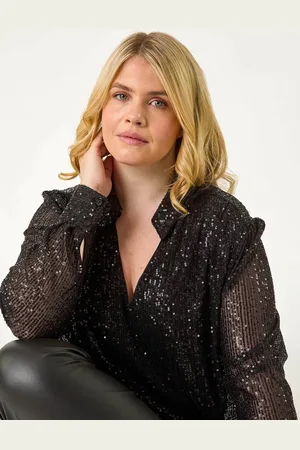 Roman Black Curve Sequin V-Neck Stretch Blouses AU 22-24