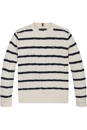Tommy Hilfiger Cream & Navy 100% Cotton Crew Neck Cable Jumper 7 Years (122cm)