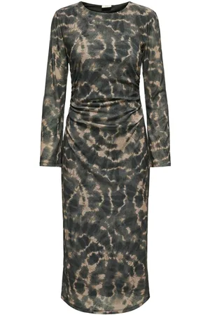 JDY Leopard Print Ruched Mesh Midi Dress AU 8