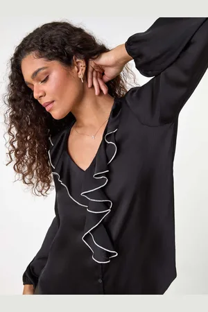 Roman Black Ruffle Front V-Neck Satin Blouse AU 16