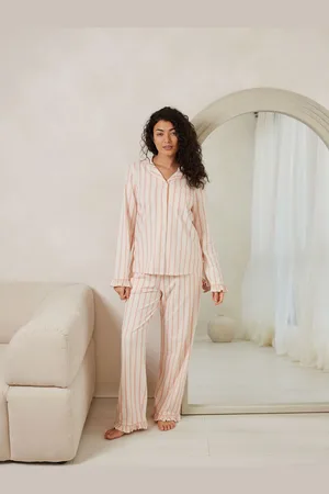 Chelsea Peers Pink Cotton Pink Stripe Frill Long Pyjamas Set AU 14