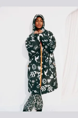 Never Fully Dressed Charcoal Grey Hope Print Changing Robe with Borg Lining Coat XS Reg