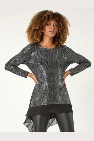 Roman Metallic Chiffon Hem Sequin Stretch Tunic Top AU 10