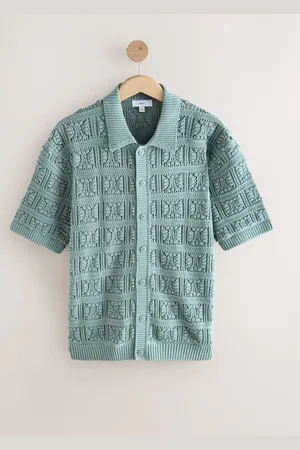 Next Relaxed Fit Cotton Rich Short Sleeve Flower Crochet Knit Button-Through Polo Shirt XL