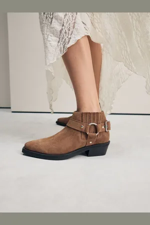 Next Tan Brown Suede Forever Comfort Harness Buckled Cowboy Ankle Boots AU 7.5 (EU 38.5)