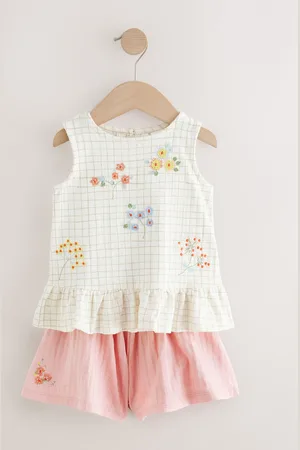 Next White/Pink Embroidered Flowers Peplum 100% Cotton Vest and Shorts Set (3mths-7yrs) 110116cm