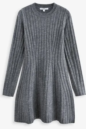 Next Ribbed Fit And Flare Mini Knitted Jumper Dress With Wool XS