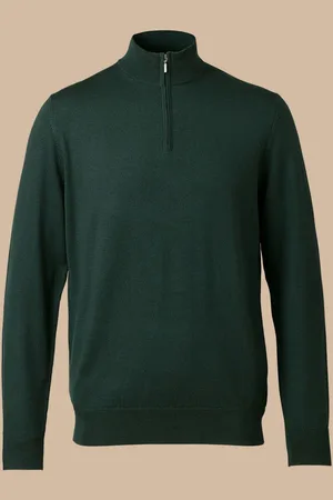Charles Tyrwhitt Bottle Green Pure Merino Quarter Zip Jumper XL
