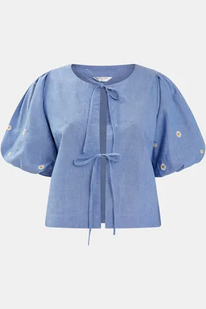 Accessorize Blue Daisy Puff Sleeve Tie 100% Cotton Top small