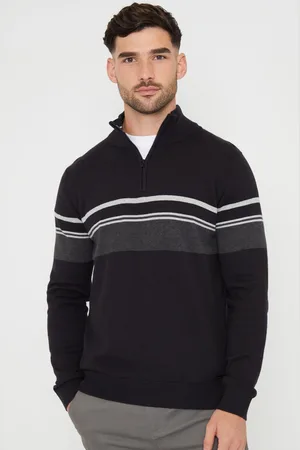 Threadbare Black Colourblock Quarter Zip Knitted 100% Cotton Jumper XXL