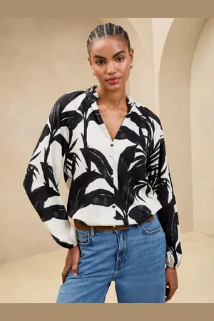 Lipsy London Black/White Palm Print Button Detail Blouse AU 6