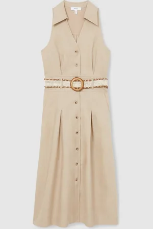 Reiss Annie Petite Linen Belted Sleeveless Midi Dress AU 12