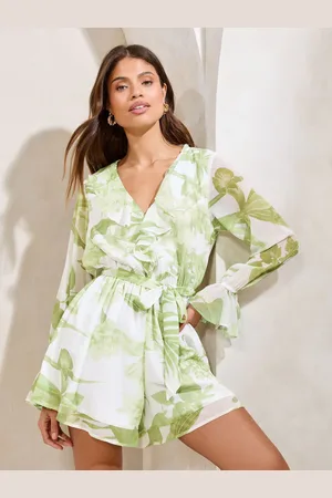 Lipsy London Green Floral Petite Ruffle V-Neck Long Sleeve Playsuit 6