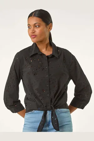 Roman Black Broderie Tie Front 100% Cotton Blouse AU 16