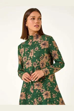 Roman Green Floral Print High Neck Stretch Tunic Top AU 10