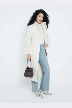River Island Cream Faux Fur Cuff Boiled Wool Coat AU 18