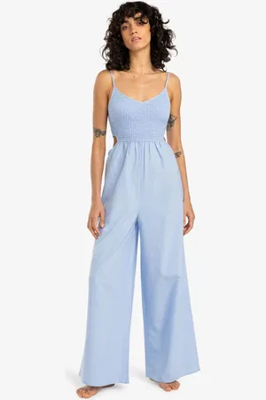 Billabong Blue 100% Cotton To the Moon Open Back Chambray Jumpsuit