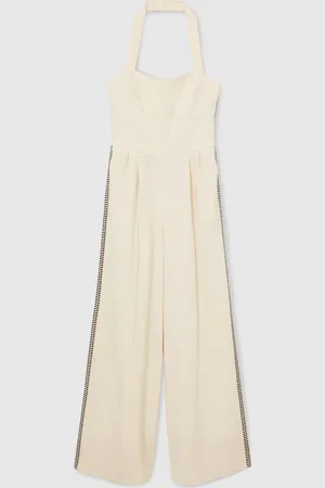Reiss Cream Viola Petite Embroidery Halterneck Wide-Leg Jumpsuit AU 10
