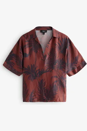 Next Brown/Navy Palm Print V-Neck Collared Satin Shirt AU 14
