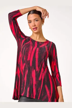 Roman Red Brush Print Hanky Hem Stretch Tunic Top 12