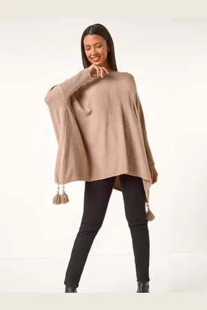 Roman Brown Sparkle Embellished Tassel Poncho One