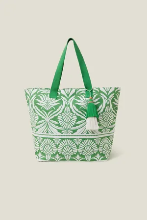 Accessorize Green Ornamental Print Tassel Tote Bag One