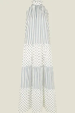 Accessorize Polka Dot Stripe Halter 100% Cotton Maxi Dress M