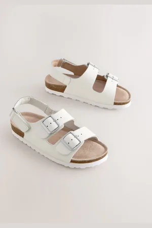 Next White Leather Wide Fit (G) Touch Fastening Strap Corkbed Sandals AU 1 (EU 33)