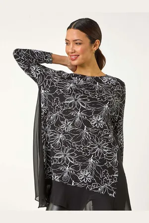 Roman Black Floral Print Mesh Hem Tunic Top AU 16
