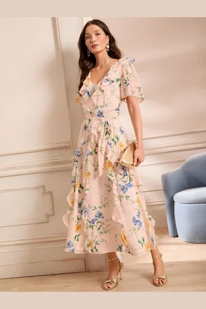 Love & Roses Ruffle V-Neck Flutter Sleeve Belted Midi Dress AU 10