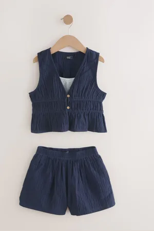 Next Navy Blue 100% Cotton Waistcoat, Shorts And Vest Top Set (3-16yrs) 110116cm