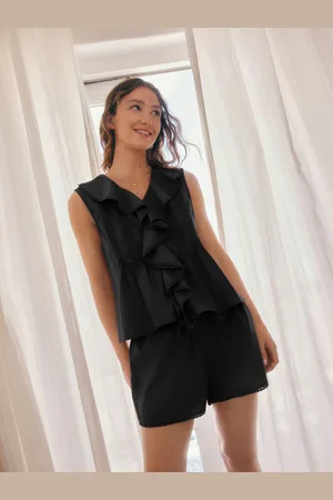 Next Black 100% Cotton Ruffle Vest Short Set Pyjamas 12