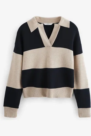 Next Neutral/Black Stripe Soft Touch Cosy Collared Button Down Polo Sweatshirt XS
