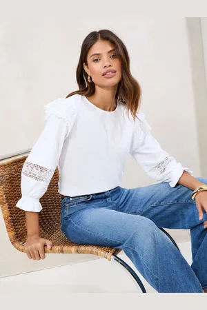 Lipsy London White Lace Detail Long Sleeve 100% Cotton Top AU 16