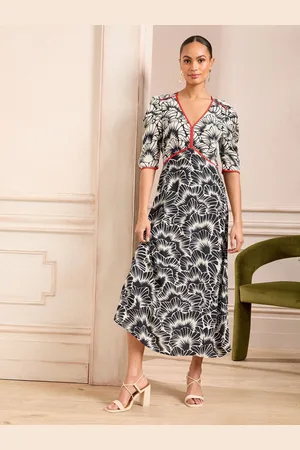Love & Roses Printed V-Neck Ruched Short Sleeve Midi Dress AU 8