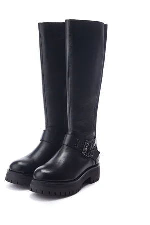 Moda In Pelle Remy Angular Buckle Strap Leather Long Black Boots AU 6 (EU 37)