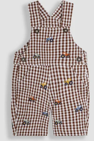JoJo Maman Bébé Toffee Brown Tractor Embroidered Gingham Dungarees 12