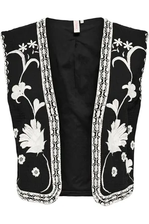 ONLY Black Floral Print Embroidered 100% Cotton Waistcoat AU 16