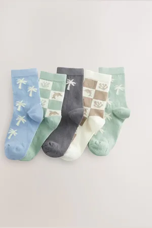 Next Sage Green/Blue/Neutral Palm Trees Cotton Rich Socks 5 Pack 12.5-3.5
