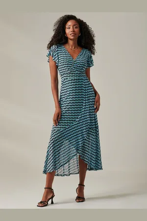 Jolie Moi Geo Print Ruffle Hem Mesh Maxi Dress AU 8