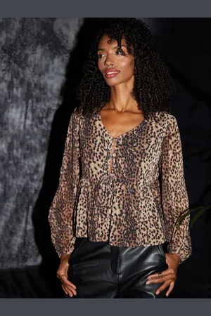 Threadbare Brown Leopard Print Chiffon Tie Front Smock Blouse AU 12