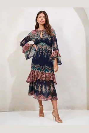 Lipsy London Placement Printed Flute Sleeve Ruffle Detail Midi Dress AU 16