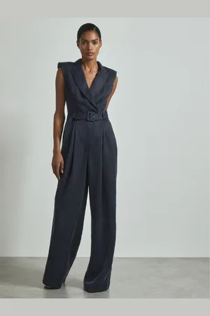 Reiss Navy Anabella Cupro Belted Tux Jumpsuit AU 6
