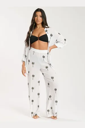 South Beach White Palm Tree Embroidered Beach Trousers AU 8