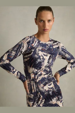 Reiss Riyo Printed Ruched Midi Dress AU 10