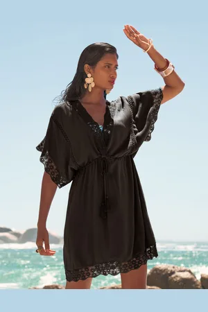 Love & Roses Black Mini Lace Trim Tassel Tie Detail Kaftan AU 16